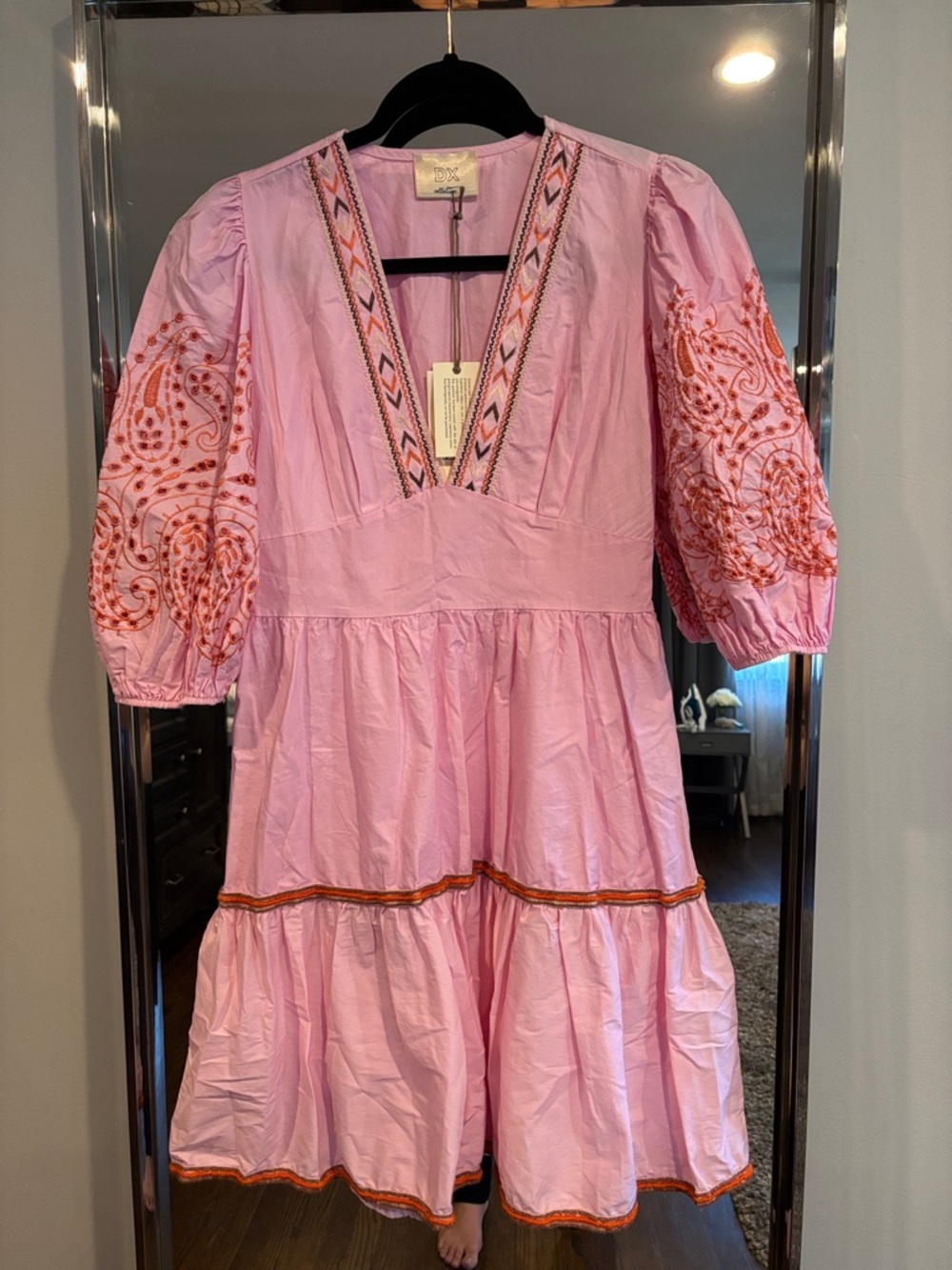 Dixie Dx Collection Pink & Orange Embroidered Dress With Puff Sleeves New Small
